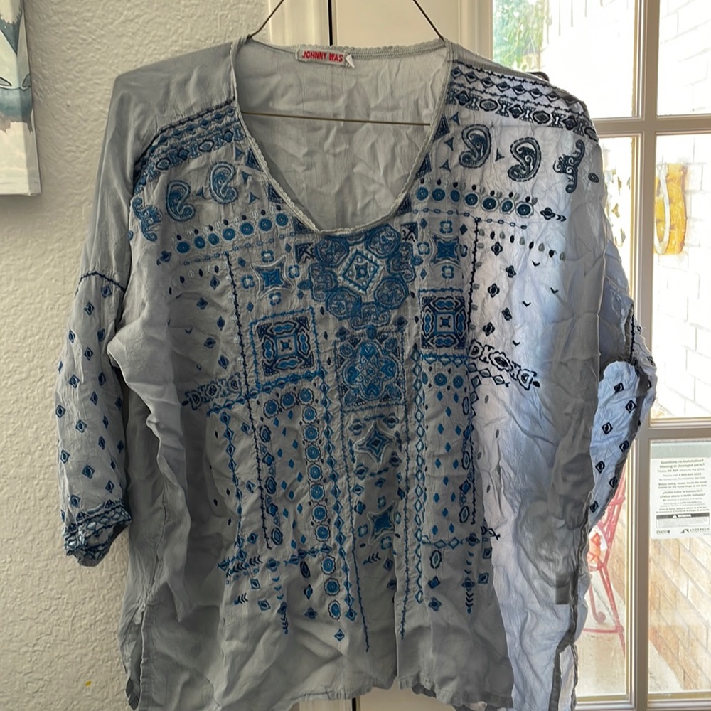 Blue Johnny Was 3/4 sleeve shirt. Blue embroidery